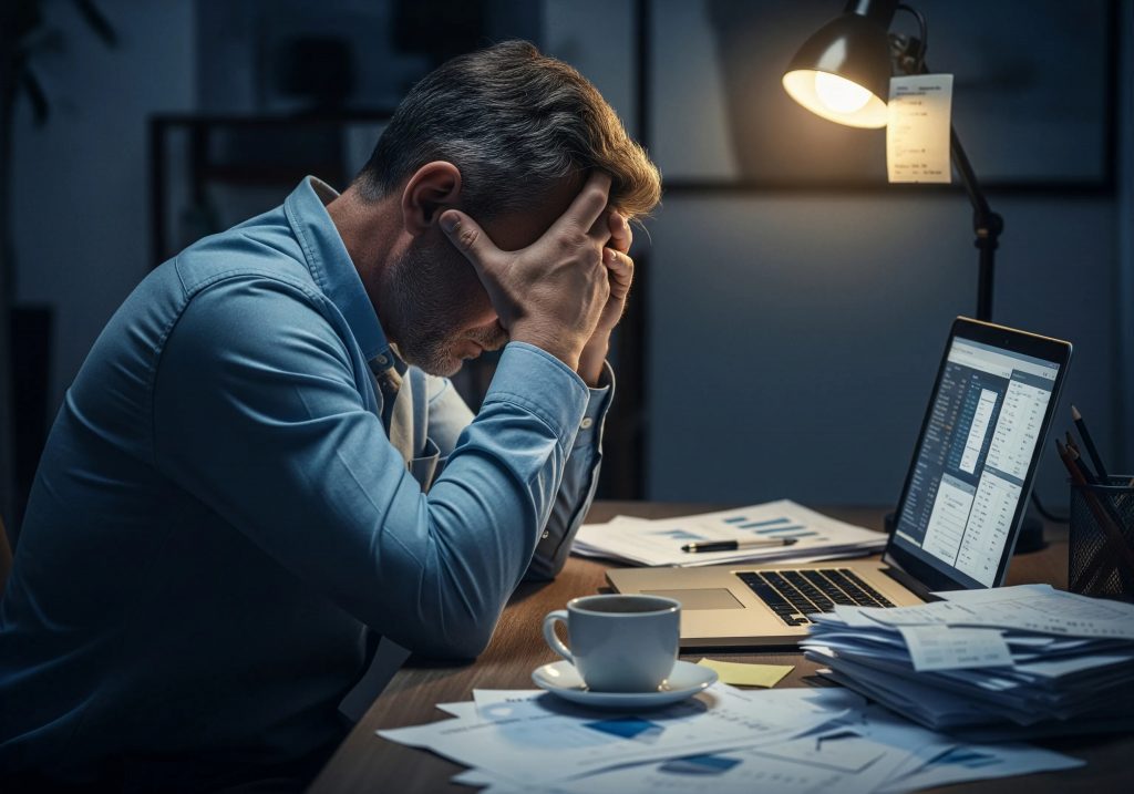 Business owner overwhelmed at desk late at night with laptop and paperwork