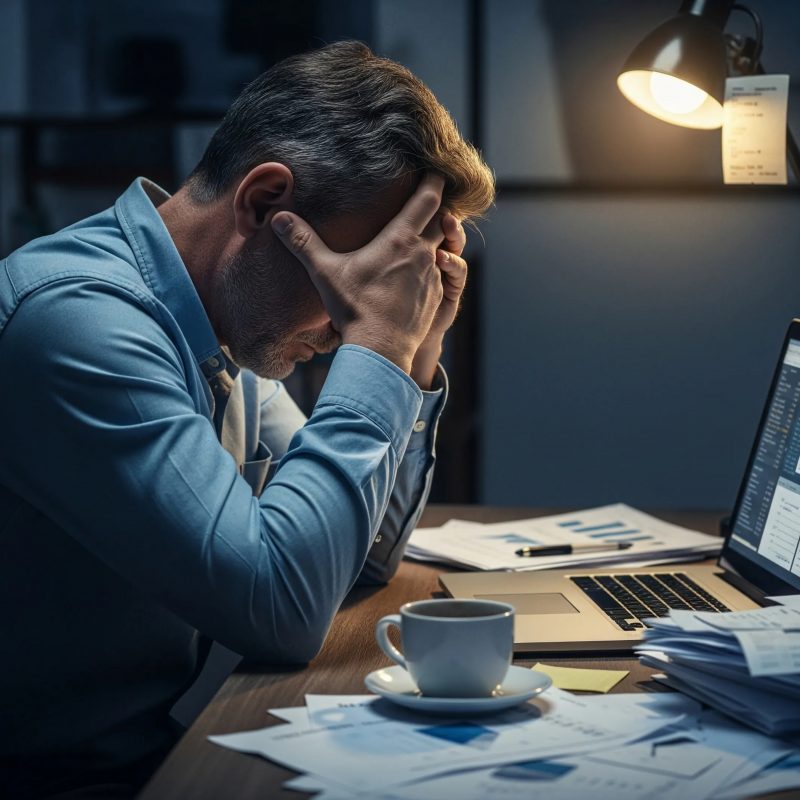 Business owner overwhelmed at desk late at night with laptop and paperwork