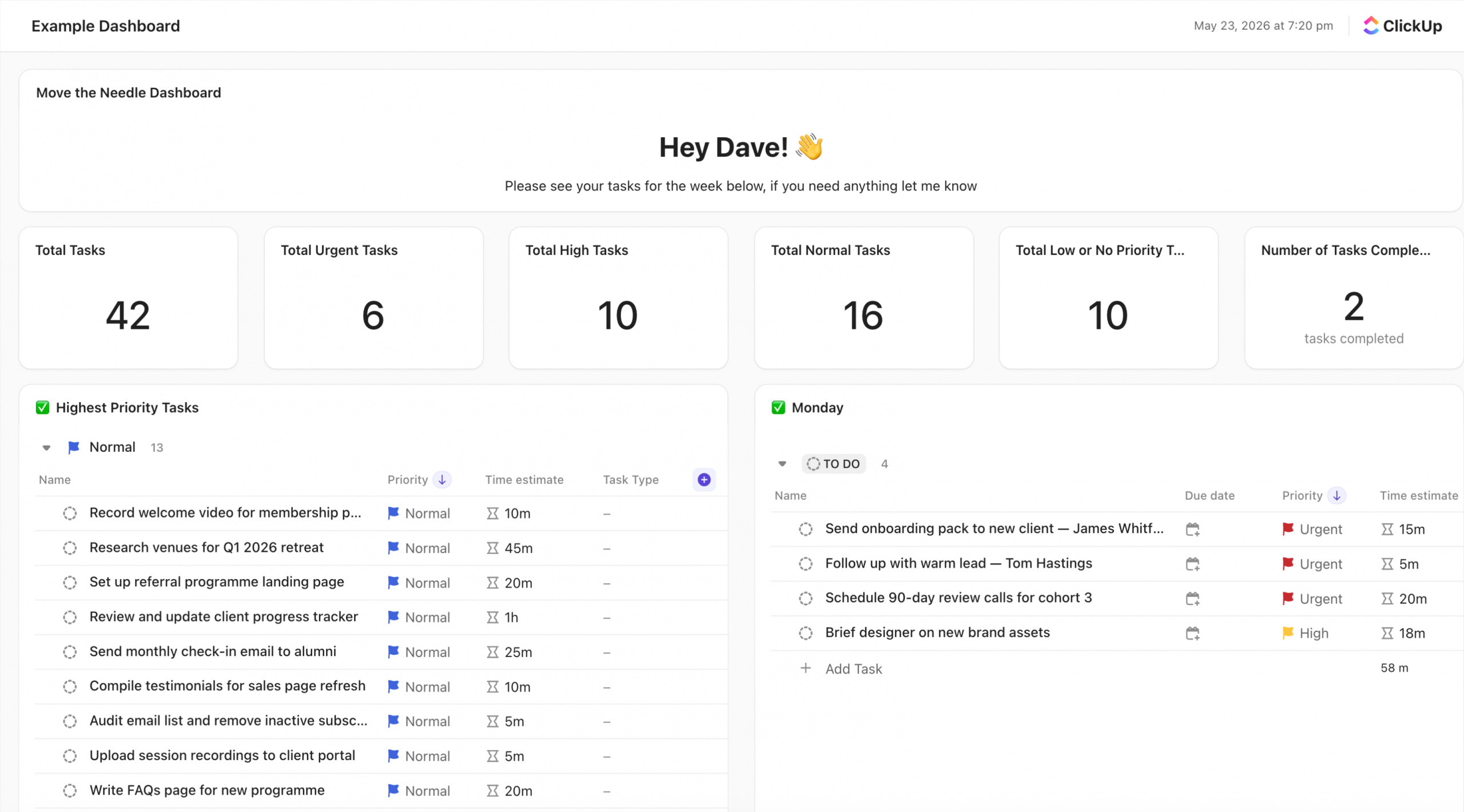 Personalised Move the Needle dashboard - example ClickUp workspace