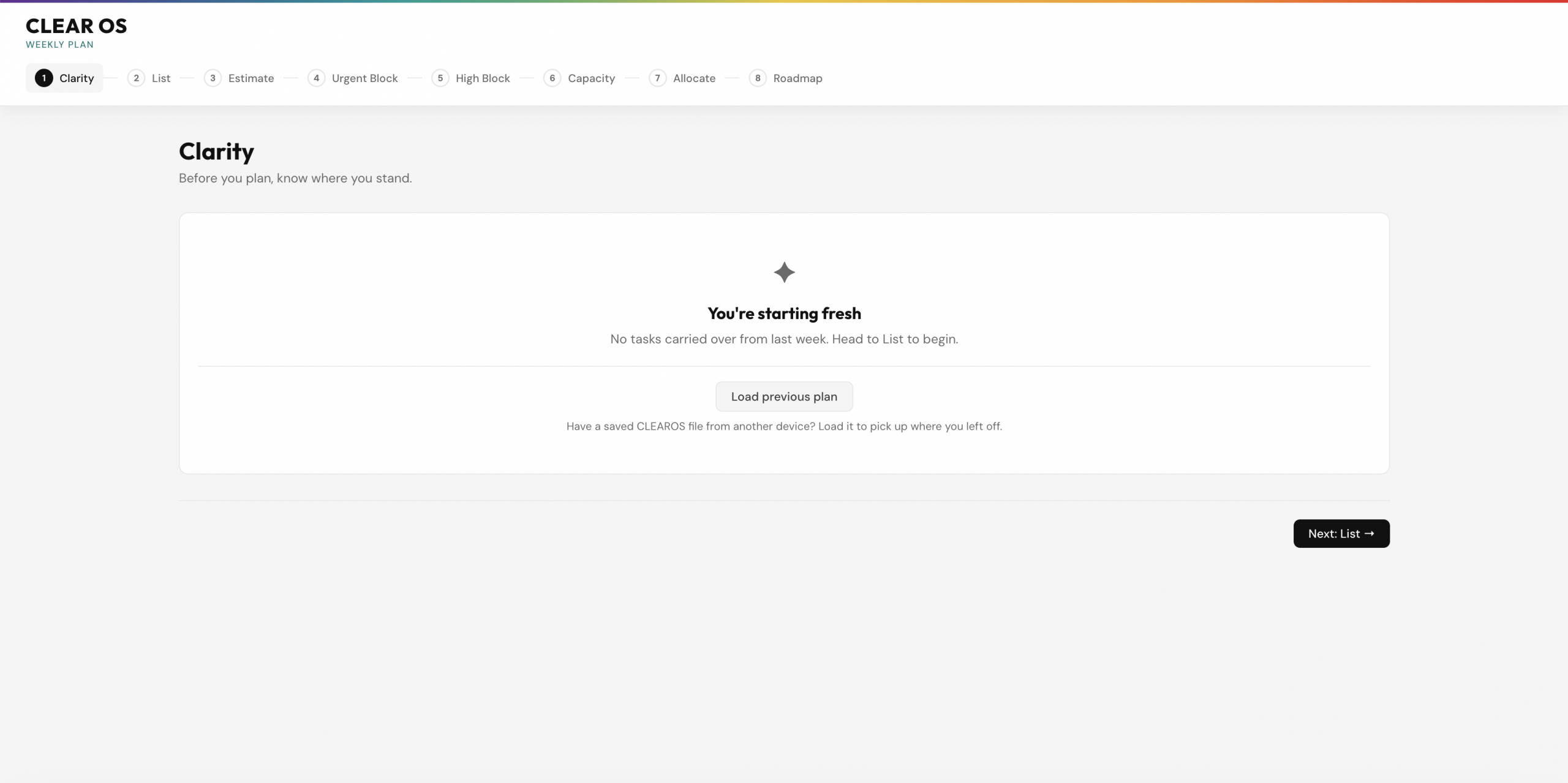 CLEAR Web App - 8-step guided weekly planner